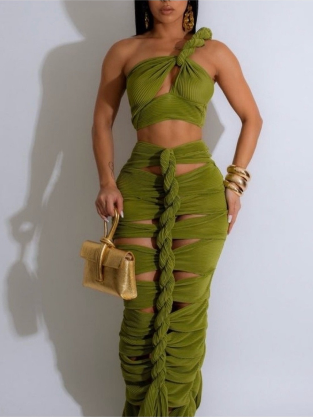 Olive Green Braided Cutout Maxi Skirt - Women - Picture 2 of 3